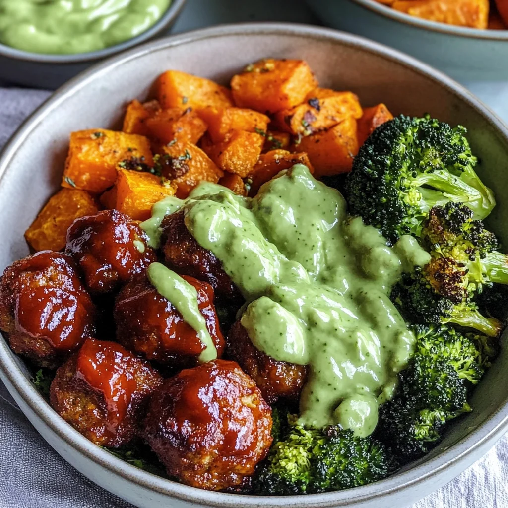 Barbecue Meatball Bowls with Avocado Goddess Sauce