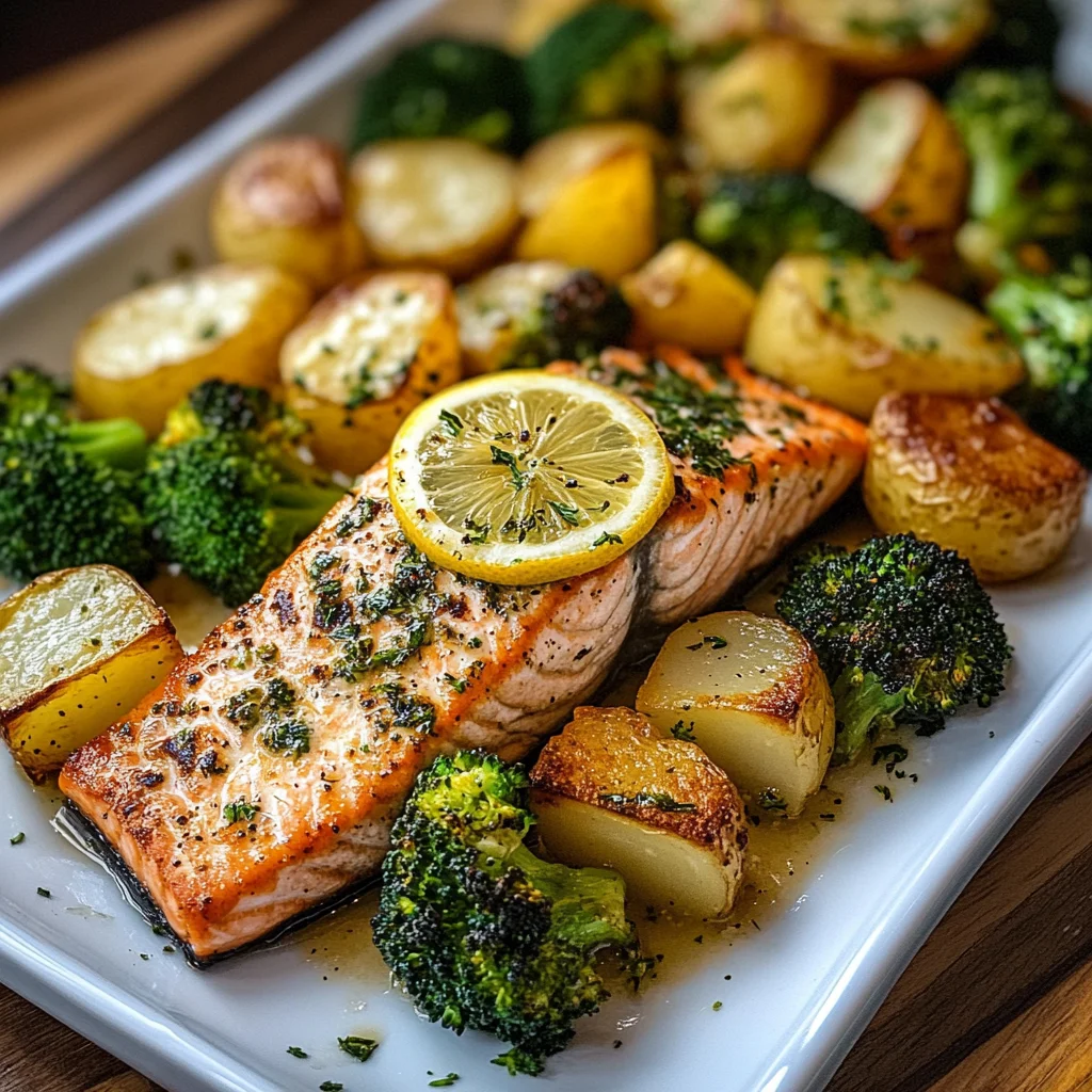 Lemon Butter Salmon with Crispy Potatoes and Roasted Broccoli