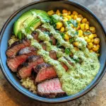 Steak Avocado Roasted Corn Bowl with Cilantro Cream Sauce delights!