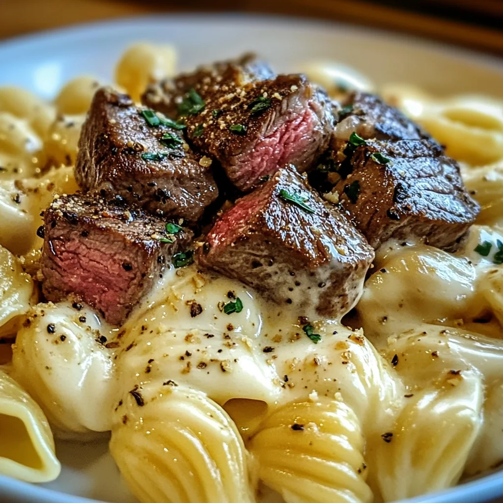 Steak Bites and Shell Pasta in Garlic Butter Alfredo Sauce
