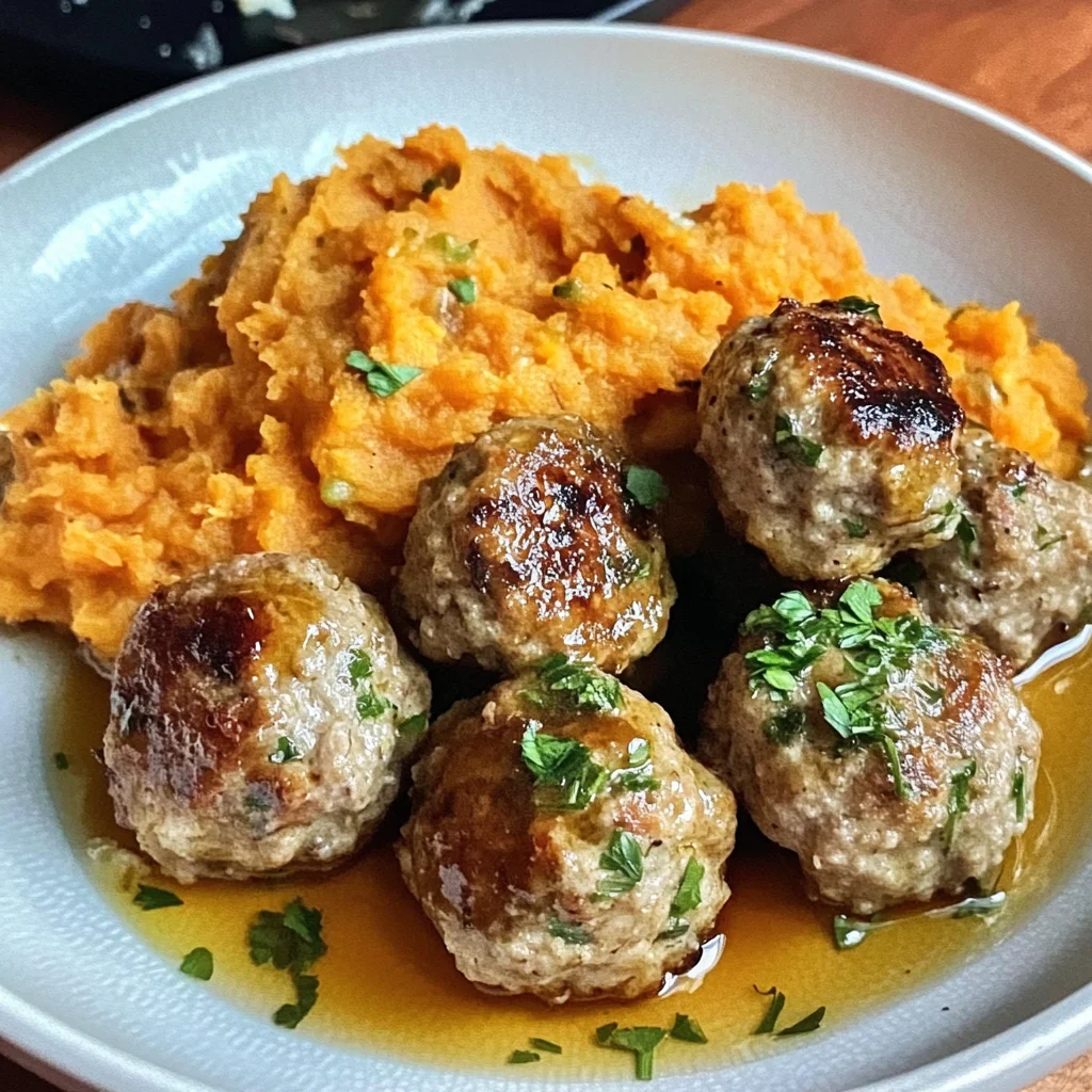 Apple Chicken Meatballs with Spiced Sweet Potatoes