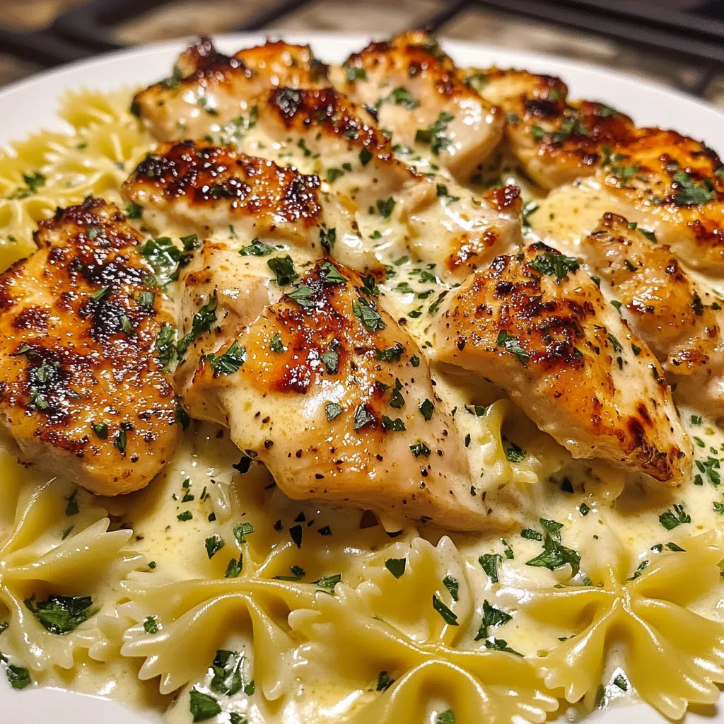 Cheesy Garlic Butter Chicken with Bowtie Pasta and Creamy Sauce