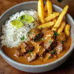 Coconut-Infused Beef Curry with Fries and Rice