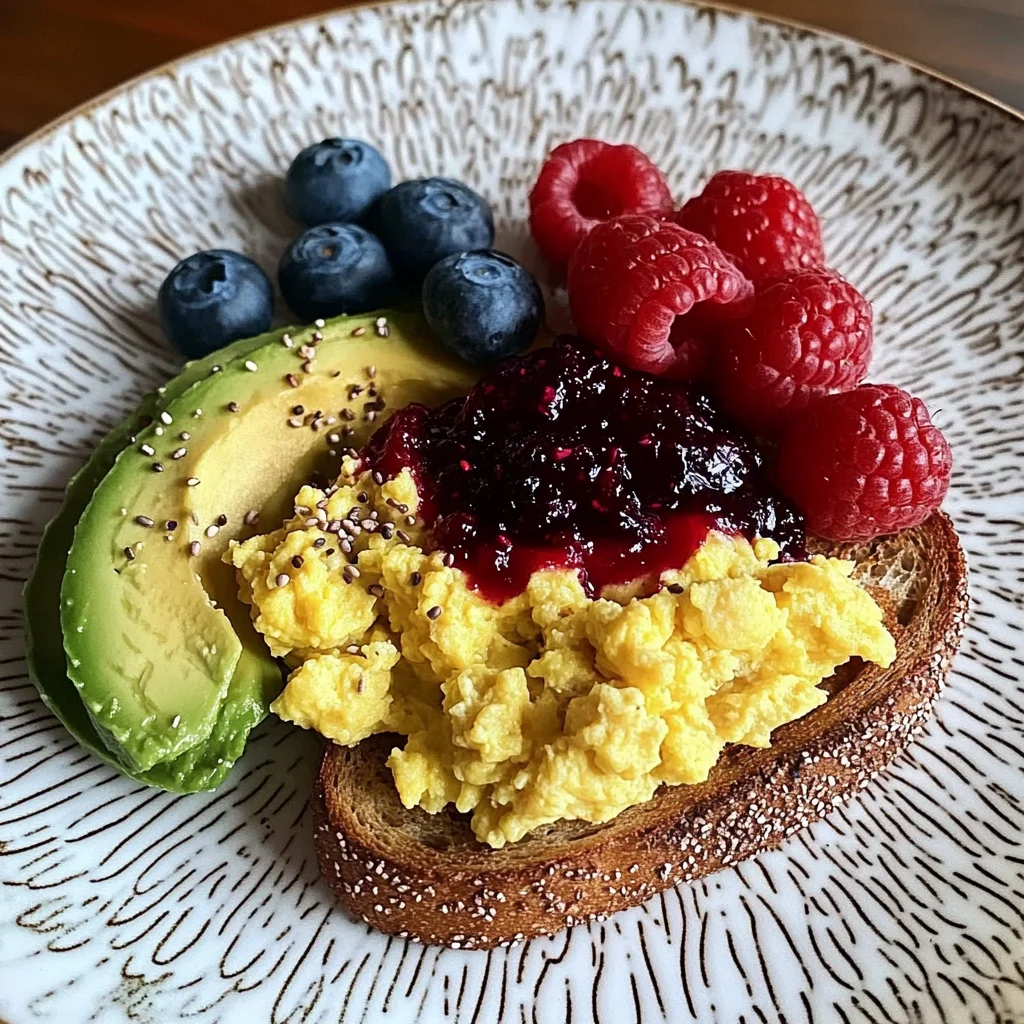Colorful Breakfast Plate with Scrambled Eggs, Avocado, PB&J Toast & Fresh Berries