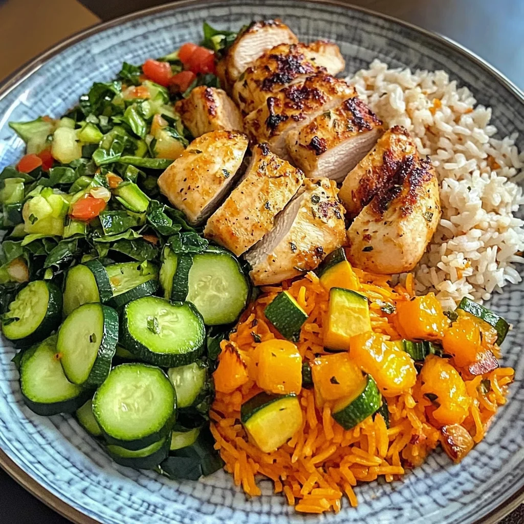 Colorful Chicken Veggie Plate with Carrot Rice & Salad