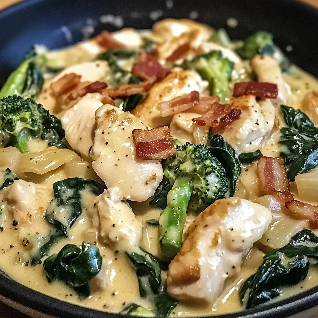 Creamy Chicken Alfredo with Spinach, Bacon, and Broccoli