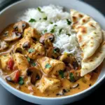 Creamy Chicken Curry with Golden Mushrooms, Rice & Warm Naan