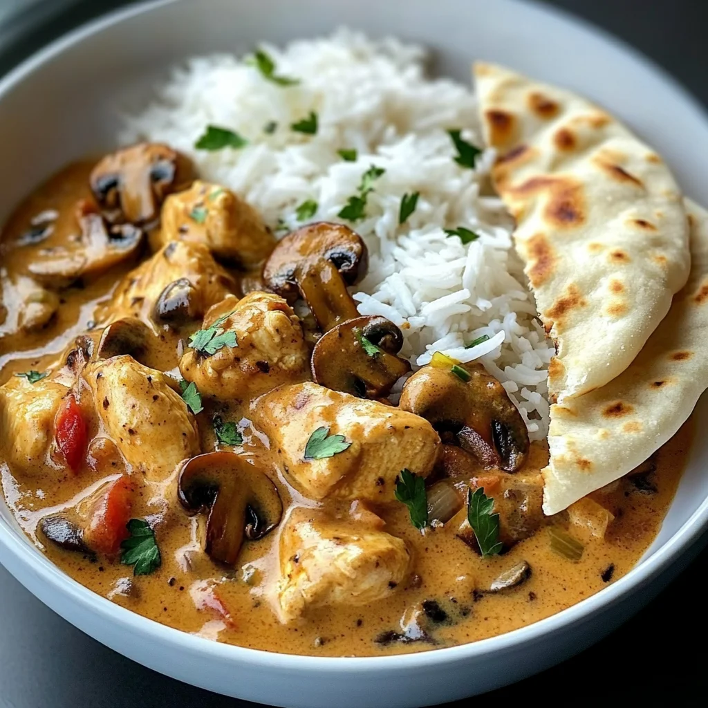 Creamy Chicken Curry with Golden Mushrooms, Rice & Warm Naan