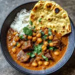 Creamy Coconut Beef and Chickpea Curry with Fresh Garlic Naan