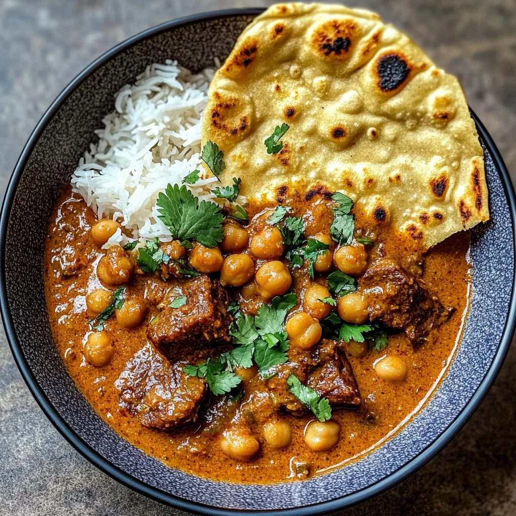 Creamy Coconut Beef and Chickpea Curry with Fresh Garlic Naan