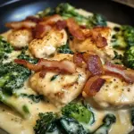 Creamy Garlic Butter Chicken Alfredo with Crispy Bacon, Spinach & Broccoli