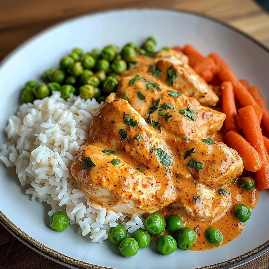 Creamy Paprika Chicken with Rice & Buttered Veggies
