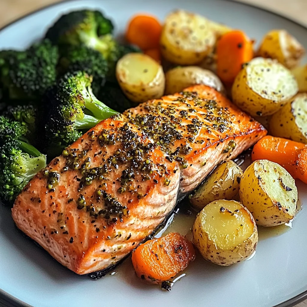 Garlic Salmon with Herbed Potatoes, Carrots & Broccoli