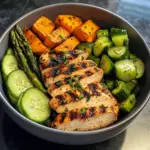 Grilled Chicken Bowl with Sweet Potato, Asparagus & Cucumber Medley
