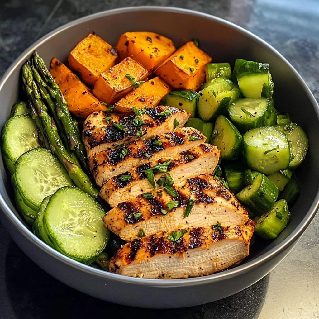 Grilled Chicken Bowl with Sweet Potato, Asparagus & Cucumber Medley