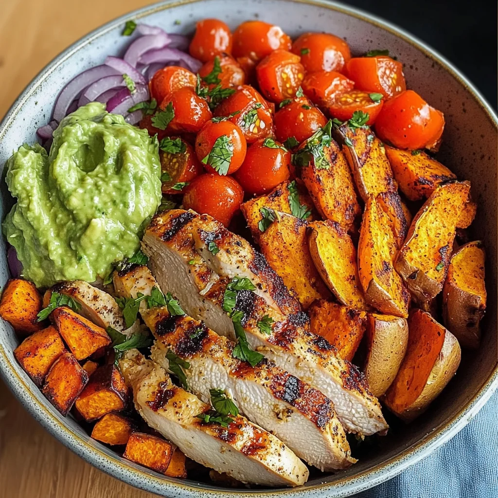 Grilled Chicken Power Bowl with Spiced Sweet Potato Wedges & Avocado Cream
