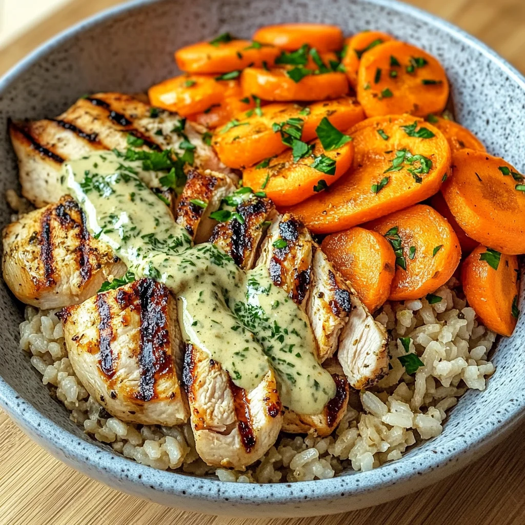 Grilled Chicken Rice Bowl with Creamy Herb Sauce & Carrots