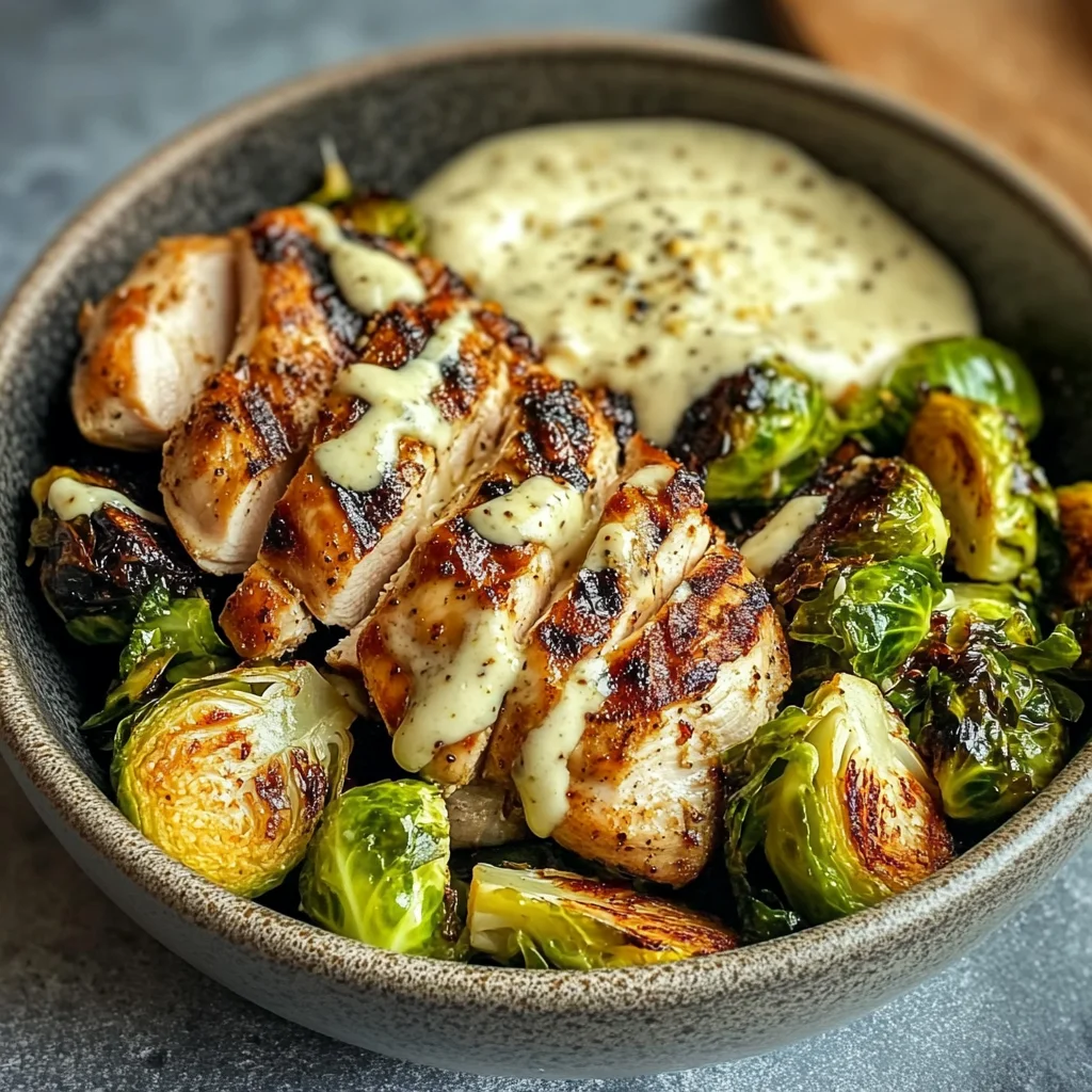Grilled Chicken & Brussels Sprouts Bowl with Creamy Garlic-Parmesan Sauce