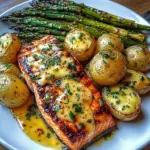 Grilled Salmon with Garlic Potatoes & Cheesy Asparagus