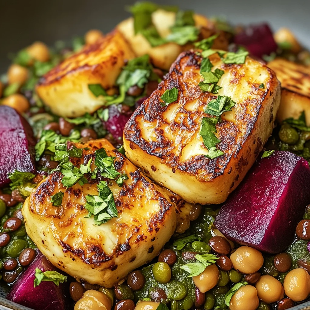 Halloumi with Lemony Lentils, Chickpeas and Beets