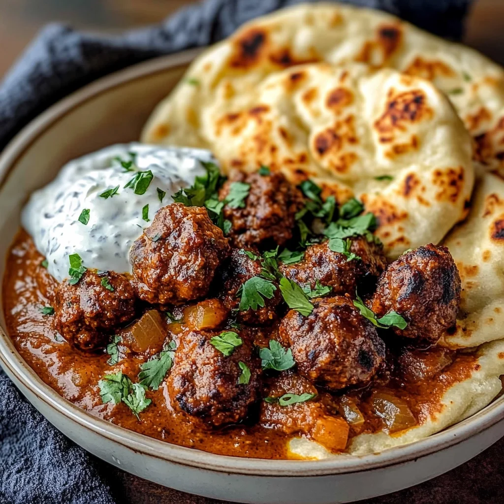 Harissa Beef Meatballs with Yogurt Sauce and Garlic Naan
