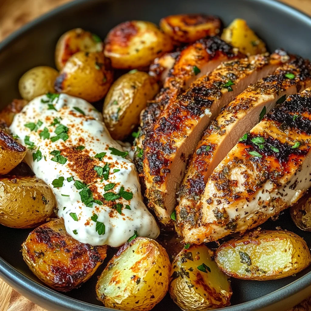 Herb-Marinated Chicken with Roasted Potatoes & Creamy Dip