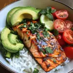 Honey-Glazed Salmon Bowl with Rice, Avocado, Cucumber & Tomato Herb Salad