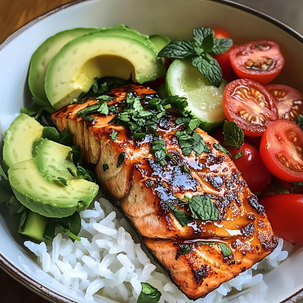 Honey-Glazed Salmon Bowl with Rice, Avocado, Cucumber & Tomato Herb Salad