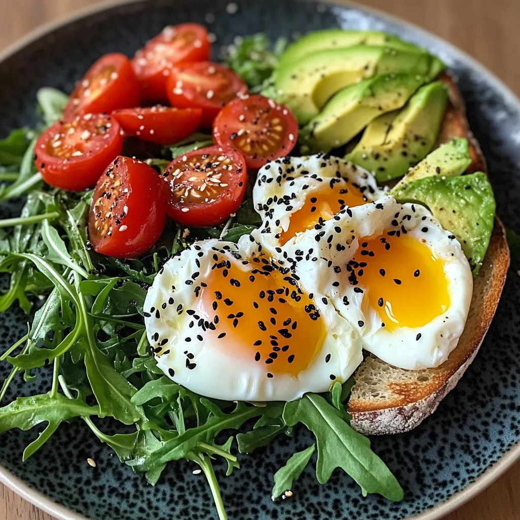 Poached Egg & Arugula Salad with Avocado, Tomato & Cream Cheese Toast