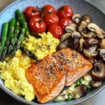 Salmon Power Bowl with Scrambled Eggs, Asparagus & Sauted Mushrooms