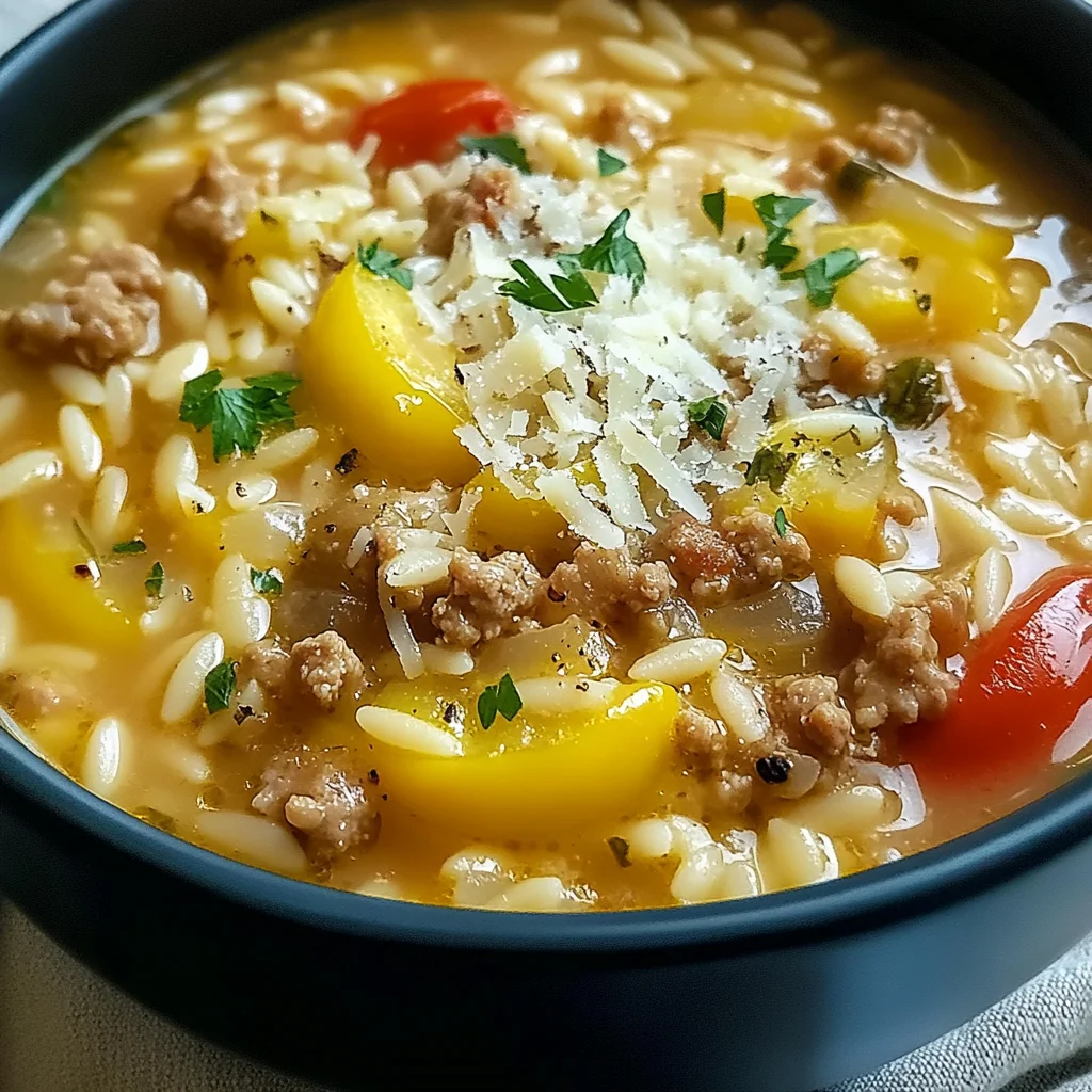 Savory Orzo Stuffed Banana Peppers Soup
