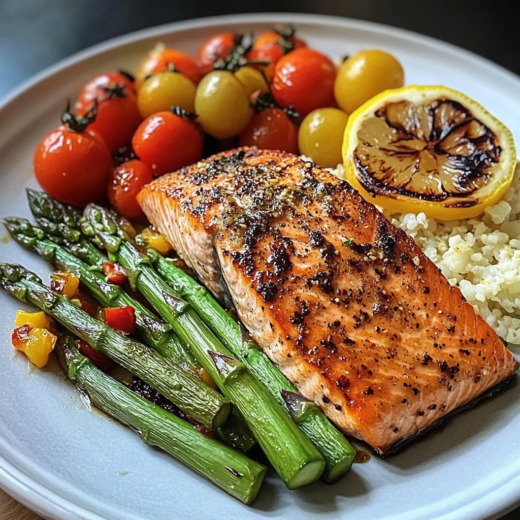 Seared Salmon with Asparagus, Cherry Tomatoes & Cauliflower Rice