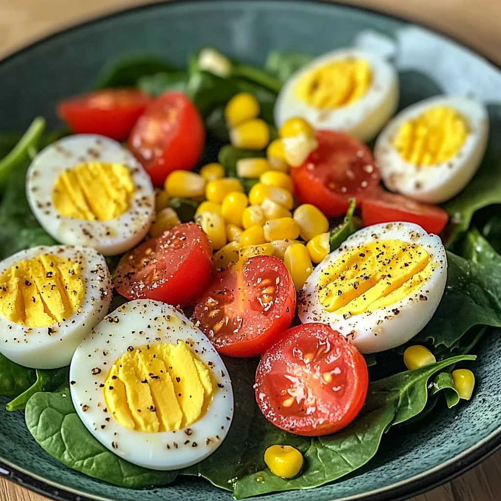 Spinach Salad with Soft-Boiled Eggs, Cherry Tomatoes, Corn & Creamy Dressing