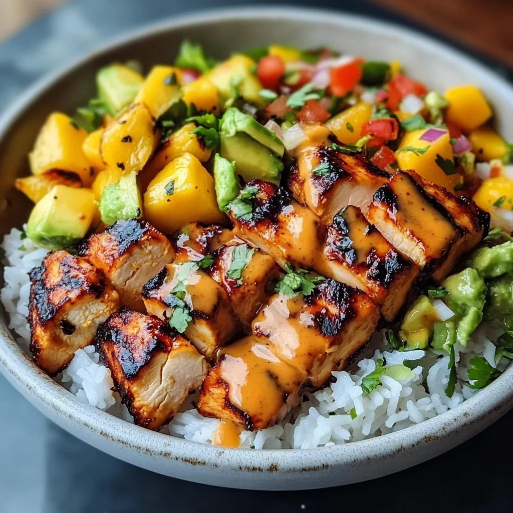 Grilled Maple Sriracha Chicken Bites with Coconut Rice & Mango Avocado Salsa Bowl with Chili Mayo