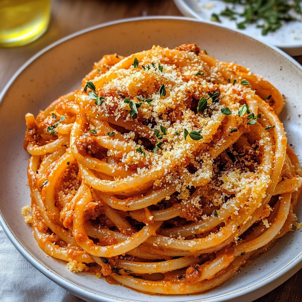 Roasted Red Pepper Alla lemon juice Pasta with Cheesy Oregano Breadcrumbs.